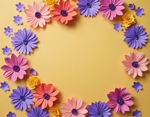 Fototapeta na wymiar Background of pink and purple paper flowers on yellow background