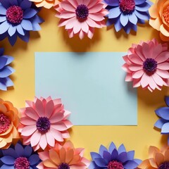 Background of pink and purple paper flowers on yellow background