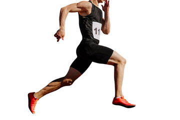 male athletes sprinting on track stadium, muscles taut, isolated on transparent background