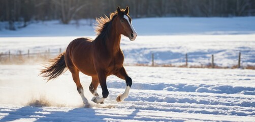 A horse running gallop across a winter snowy field