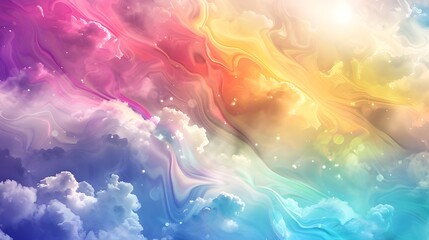 Illustration of rainbow clouds with shining stars Fairytale fantasy sky background Copy Space
