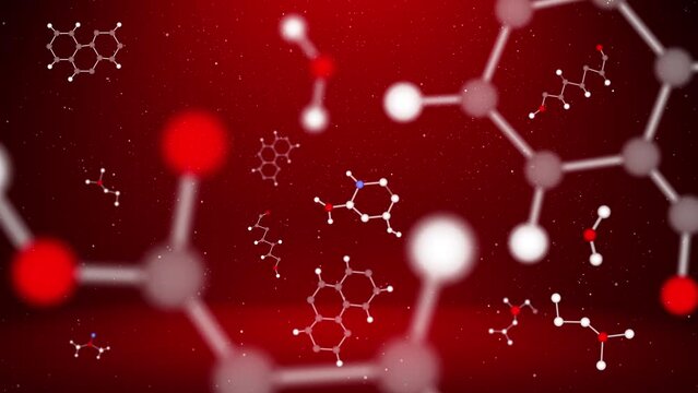 Chemical abstract hexagon molecules loop animation on red background.