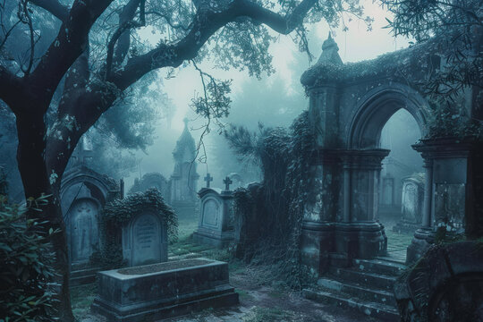 Haunting Gothic cemetery at twilight, with gnarled trees and crumbling crypts.