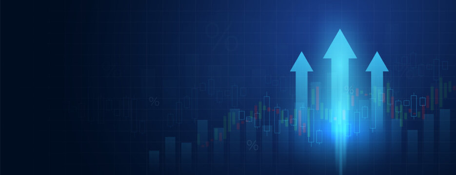 Glowing up arrows on a dark blue background with space to copy. Business growth, progress in development, financial company statistics, high results. The concept of business growth. Vector EPS 10.
