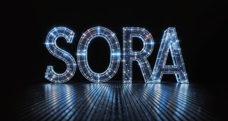 illuminated text "SORA" in blue and white neon lights against a dark background, which highlights the bright and shining letters.