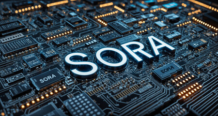 A close-up view of a computer circuit board with a neon light illuminating word "SORA" on it. Motherboard is filled with various electronic components, transistors and resistors.