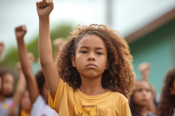 A young girl, standing in front of a school, leading her peers in a rally for educational reform, full of conviction and hope. - obrazy, fototapety, plakaty