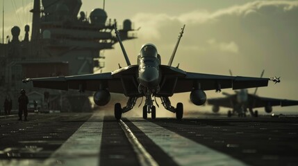 Fighter jet are taking off from the aircraft carrier - obrazy, fototapety, plakaty