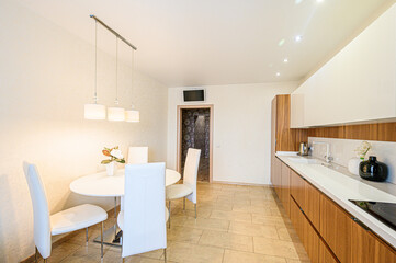 interior kitchen and dining room, refectory area, cooking equipment, table furniture, stove