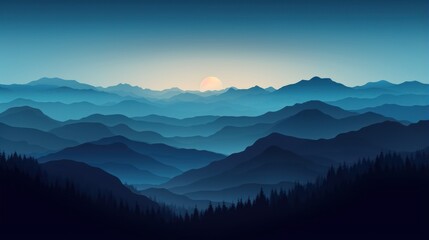 Illustration of a beautiful dark blue mountain landscape with fog and forest, capturing sunrise and sunset in the mountains