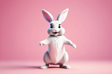Obraz premium Cartoon cute bunny dancing on pink background with copy space. Happy easter banner
