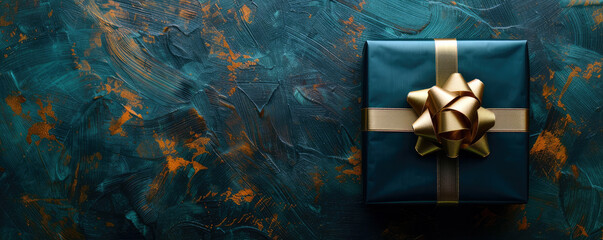 Elegant dark teal gift box with a luxurious golden bow on a textured background.
