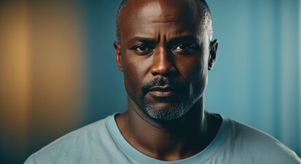 Portrait bald african man athletic, in blue background