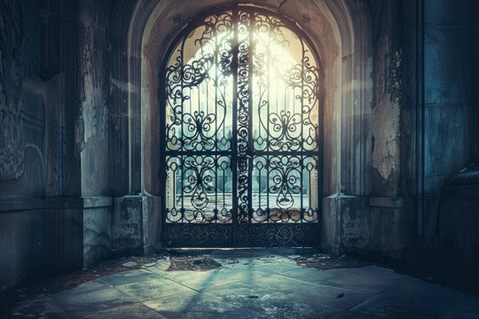 Gothic wrought iron gate with intricate patterns, guarding the entrance to a mysterious realm.
