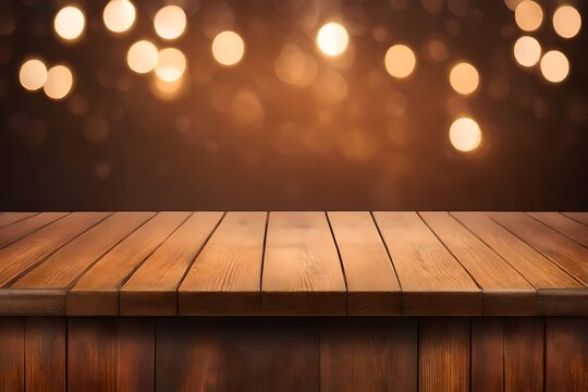 Brown vintage bokeh background with empty wooden deck table top for product montage display photo image for download