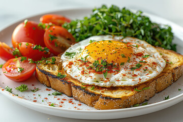 Desayuno ecologico sano y saludable huevo frito tomaes y perejil