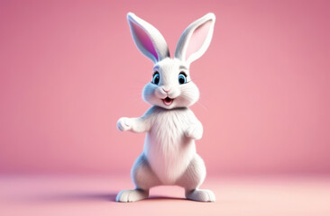 Cartoon cute bunny dancing on pink background with copy space. Happy easter banner