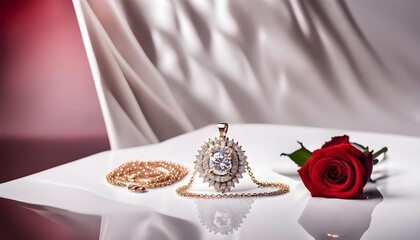 Big luxury round diamond tangled with golden chain stands beside fresh red roses