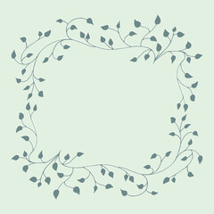 Spring pattern on green, light, muted background, frame of tree branches, leaves, plants. Elegant, aesthetic, stylish Decoration  in flat style. Hand drawing doodles of botanical elements