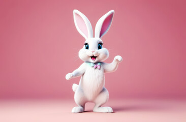 Obraz premium Cartoon cute bunny dancing on pink background with copy space. Happy easter banner