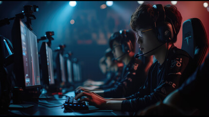 Obraz premium A team of focused esports gamers competes in a tournament while wearing headsets and team jerseys.