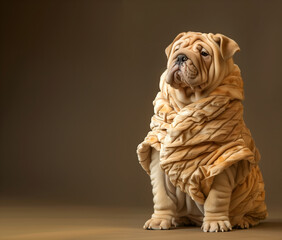 Creative animal concept. Shar Pei dog puppy in luxury wealthy fancy chic luxurious impeccable fur skin fabric outfits isolated on bright background advertisement, copy text space