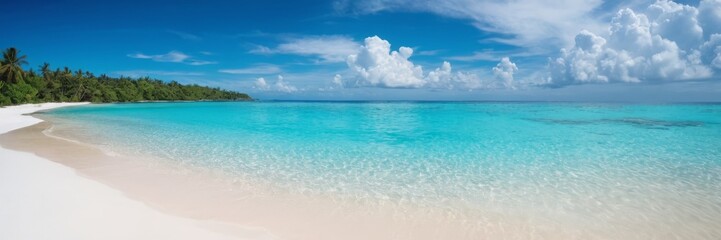 Obraz premium Tropical beach with white sand and crystal clear turquoise water in sea. Vibrant blue sky with small clouds