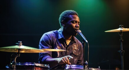 Male musician playing drummer during concert