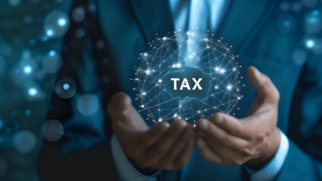 man in suit holding up a tax symbol in his hand,