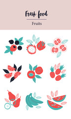 Fruits and berries collection. Flat Vector. Healthy