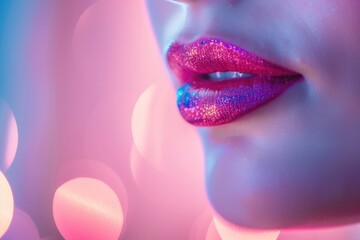 A close-up of a person's lips with vibrant lipstick highlighting the texture and nuances of makeup through macro photography. 