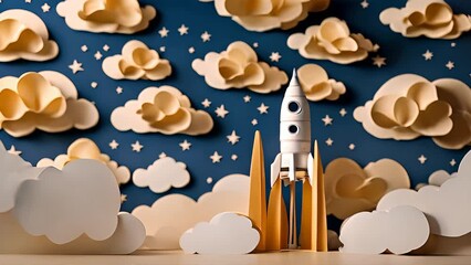 Model rocket stands on a table with a backdrop of clouds and stars, creating a space-themed display
