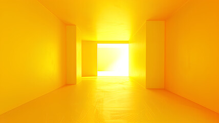 Vivid yellow walls and floor in an empty room illuminated by bright natural light from a white doorway.
