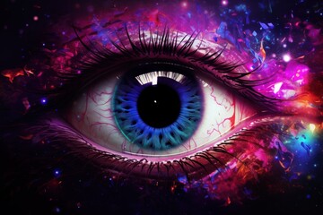 Macro beauty A captivating illustration capturing the essence of a woman's eye in a cosmic display, where the intricacies of iris and eyelashes create a mesmerizing blend of color and design - obrazy, fototapety, plakaty