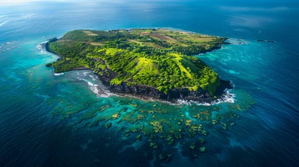  Aerial view of a volcanic island surrounded by turquoise waters. © John
