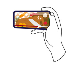 Watching videos online on mobile phone screen. Podcast, news, watching video online, talk show, tv application, live streaming. Hand holding phone