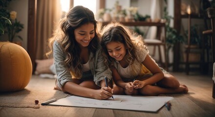 Smilling woman and daughter drawing - obrazy, fototapety, plakaty