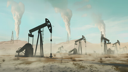 Multiple oil pumpjacks stand in a desert, captured during the golden hour with warm sunlight bathing the scene.
