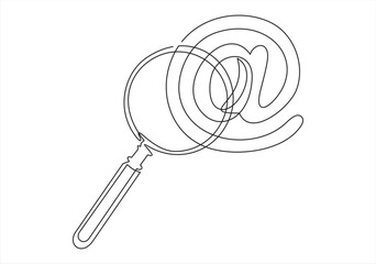 Dog sign is an email symbol under magnifying glass.Continuous one line drawing	
