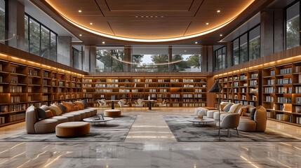 Modern Library, rows of books at a library, Bookshelves in the library. Large bookcase with lots of...