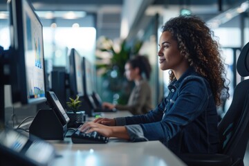 Fototapeta premium Engaged female professional using a computer in a contemporary office workspace.