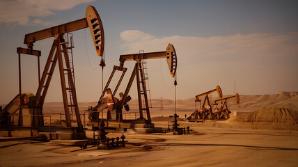 Multiple oil pumpjacks stand in a desert, captured during the golden hour with warm sunlight bathing the scene.
