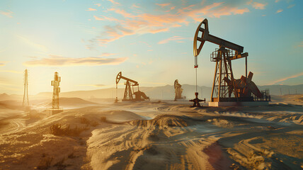 Multiple oil pumpjacks stand in a desert, captured during the golden hour with warm sunlight bathing the scene.
