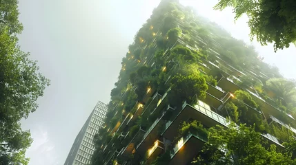 Raamstickers Green futuristic skyscraper, environment and architecture concepts © Lucky Ai