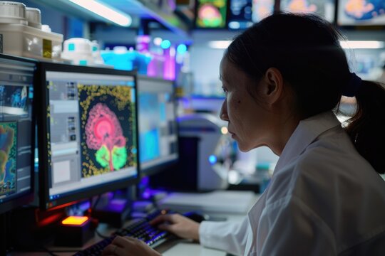 Scientist studying detailed brain scan data on dual monitors in a medical lab.