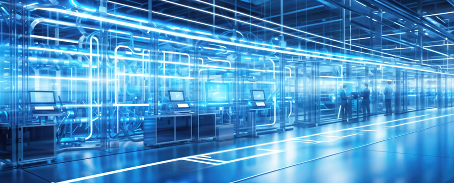 Rows of servers bathed in a cool blue light, diligently carrying out their tasks in motion blur