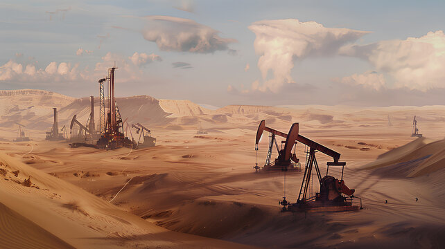 Multiple oil pumpjacks stand in a desert, captured during the golden hour with warm sunlight bathing the scene.
