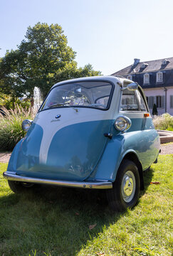 Weiterstadt, Germany September 24, 2023: Isetta in blue and white from BMW at Chromblitz in Weiterstadt at Braunshardt Castle