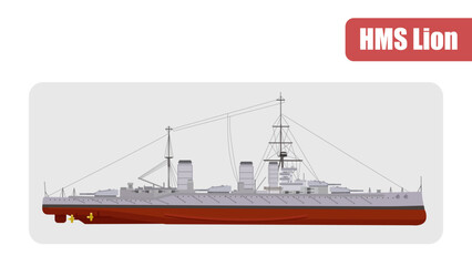 Fototapeta premium HMS Lion 1910 battlecruiser. Royal Navy Lead Ship. Lion-class battlecruiser. Flat Vector Illustration
