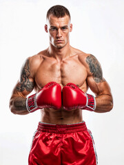 Boxer, cardio and man training with red boxing gloves for sport, workout and exercise in gym. Athlete with motivation, strength and muscle practicing. Isolated over white background	
